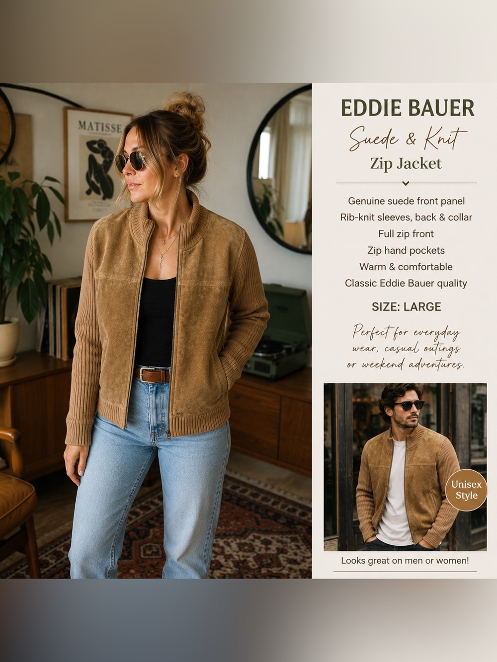Seattle Suede Genuine Leather & Knit Zip Jacket L Eddie Bauer